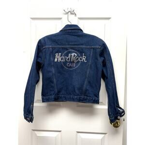 Hard Rock Cafe Vintage Denim Jacket Hollywood Metal Stud Logo – XS Cropped